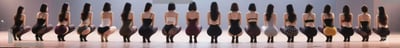 Panoramic Stage Lineup of Women Squatting in Synchronized Dance Poses thumbnail