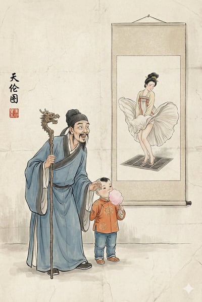 Humorous Meta Ink Painting on Xuan Paper Scroll (Tianlun Tu Parody) thumbnail