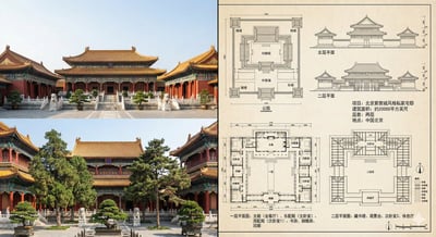 Forbidden City-Style Courtyard: Real Photo + Architectural Blueprints Split Layout thumbnail