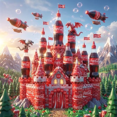 Fanta Label Fantasy Castle: Orange-Green Fortress with Dragons & Soda Airships thumbnail