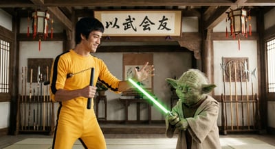 Bruce Lee and Yoda Friendly Sparring in a Traditional Chinese Dojo thumbnail