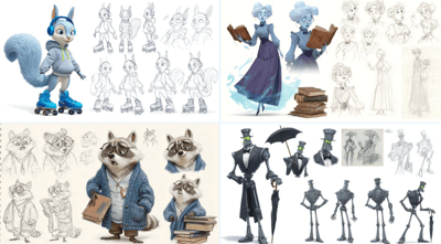 Pixar-Style Character Sheet with Multi-Pose Expressions & Concept Art thumbnail