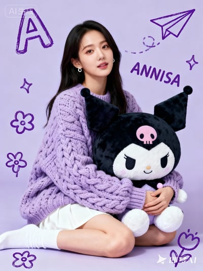 Cute Studio Portrait with Kuromi Plush on Pastel Purple Backdrop thumbnail