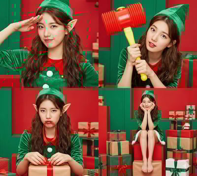 Christmas Elf Workshop: 4-Panel K‑Pop Photo-Real Split Screen thumbnail