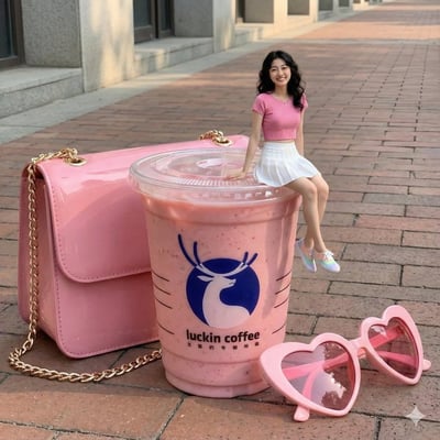 Miniature Girl Sitting on a Giant Luckin Coffee Iced Cup (Outdoor Branding Photo) thumbnail