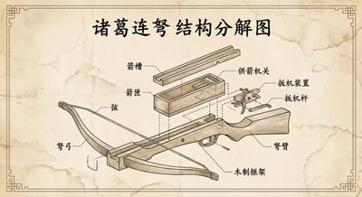 Retro Exploded Engineering Diagram of the Zhuge Repeating Crossbow thumbnail