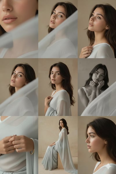 Editorial 3x3 Grid Studio Portrait Set — Golden Beige Saree, Minimalist Photography thumbnail