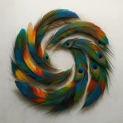 OpenAI Logo Crafted from Exotic Bird Feathers (Overhead, Iridescent Detail) thumbnail