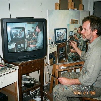 1998 Amateur Photo of an Artist Copying a Recursive Image from a Computer Screen to an Oil Painting thumbnail