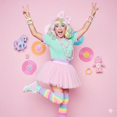 Rainbow Pastel Hair Fairy Kei Studio Portrait (Full-Body Jump, Retro Toys Background) thumbnail