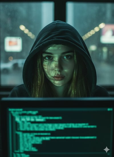 Cinematic Hacker-Style Portrait in a Dark Hoodie with Green Code Reflections thumbnail