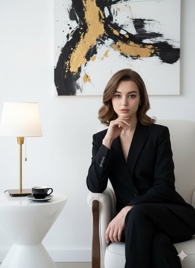 Confident Elegant Woman in a Black Suit on a White Chair (Cinematic Studio Portrait) thumbnail