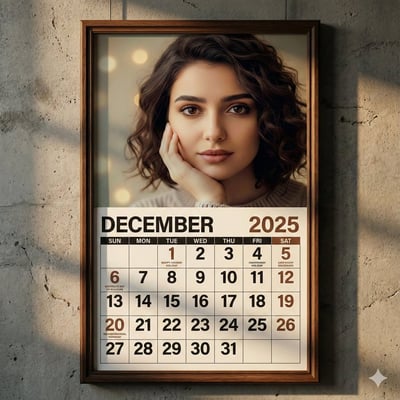 Realistic Framed Wall Calendar with Portrait Photo (December 2025) thumbnail