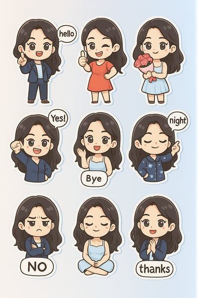3D Kawaii Nine-Chibi Sticker Sheet with Speech Bubbles (WhatsApp-Ready) thumbnail