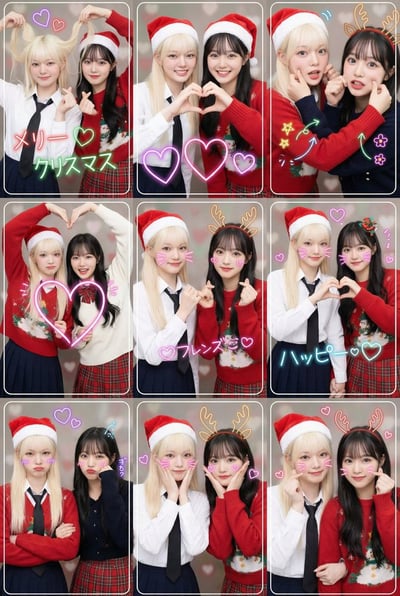 3x3 Christmas Purikura Photobooth Collage (Two Friends, 9 Poses, Neon Hearts) thumbnail