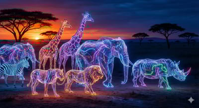 Neon Glass Creatures on the African Savannah at Sunset thumbnail