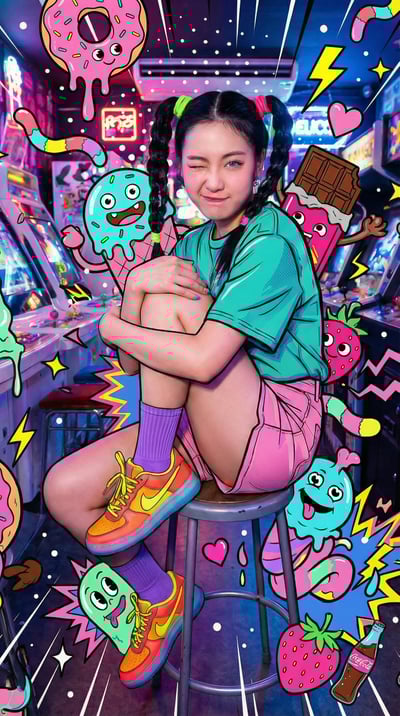 Playful Young Woman on Arcade Stool in Neon Retro Arcade with Candy Monster Pop-Art thumbnail