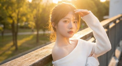 Golden Hour Backlit Portrait of an East Asian Girl in a White Off-Shoulder Knit Top thumbnail
