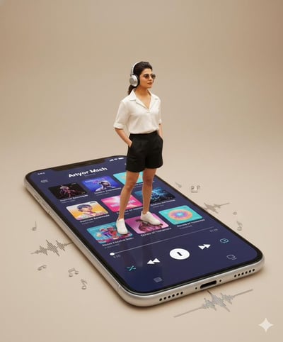 Surreal Minimalist Poster: Person Standing on a Giant Smartphone Music Player UI thumbnail