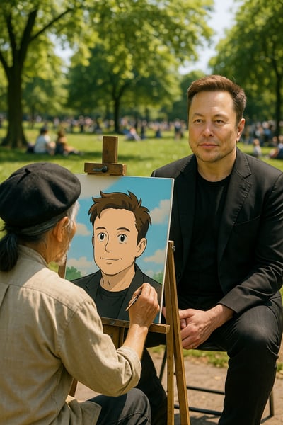 Realistic Park Portrait Scene: Japanese Painter Depicts Elon Musk with Ghibli-Style Canvas thumbnail