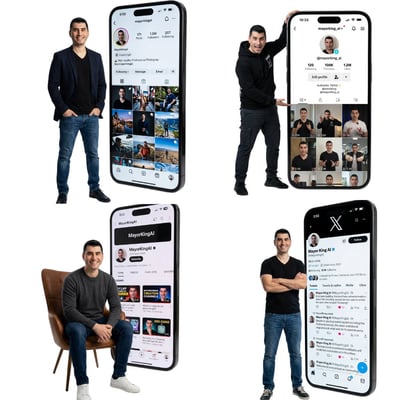 High-End Studio Portrait with Giant Smartphone Social App UI (8K, Minimalist) thumbnail