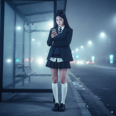 Cinematic Full-Body Night Portrait at a Frosty City Bus Stop thumbnail