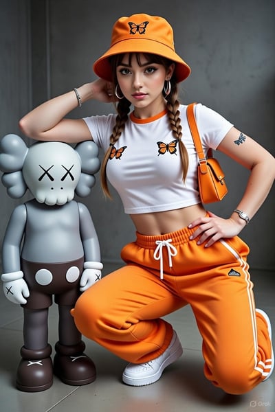 Orange Streetwear Fashion Editorial Beside a Gray KAWS-Style Sculpture thumbnail