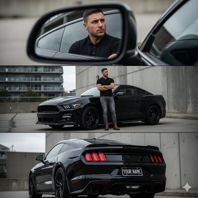 Cinematic Mustang Triptych Portrait (Interior Mirror, Full-Body, Rear Shot) thumbnail