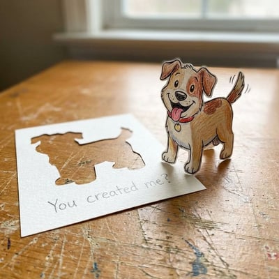 Whimsical 3D Paper-Craft Dog Cutout on a Wooden Desk thumbnail