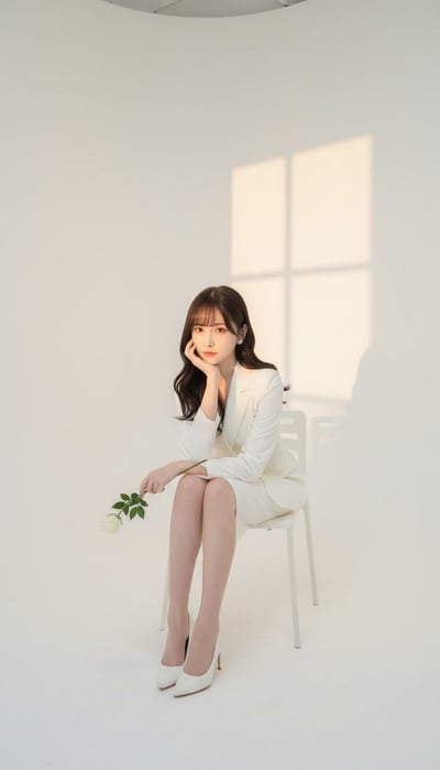 Studio Portrait of a Woman Seated on a Chair in All-White Outfit thumbnail