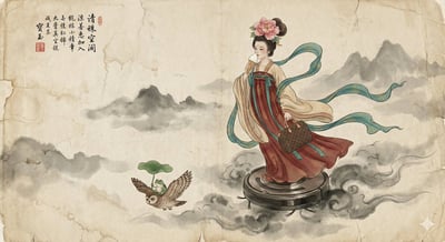 Gongbi Ink Fairy on a Flying Roomba – Tang Dynasty Robes on Textured Rice Paper thumbnail
