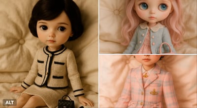 Hyper-Realistic Fashion Brand Doll Editorial Photo on a Cream Plush Bed thumbnail