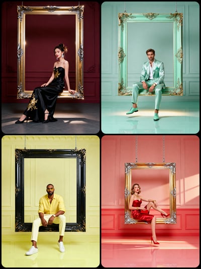 Luxury High-Fashion Portrait Under a Floating Baroque Frame (Monochrome Editorial) thumbnail