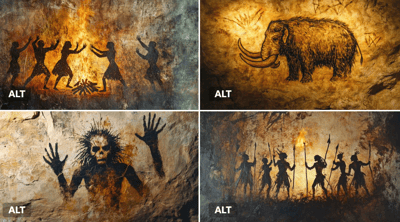 Ancient Cave Wall Painting (Torchlit, Primitive Ochres & Charcoal) thumbnail