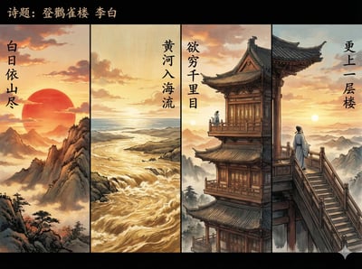 Ascending the Stork Tower Quatrain Panoramic Artwork (Chinese Character Poetry Panels) thumbnail