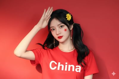Patriotic China Red Selfie Portrait with "China" T-Shirt thumbnail