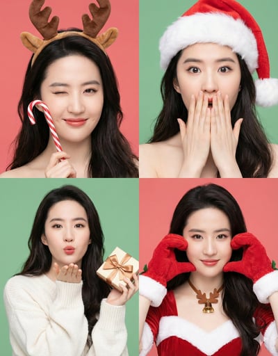 Korean Photobooth-Style Christmas 4-Panel Collage with Consistent Female Character Poses thumbnail