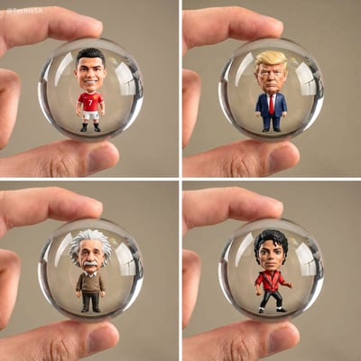 Photorealistic Chibi Portrait in a Transparent Glass Capsule Held Between Fingers thumbnail