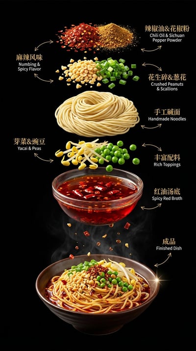Deconstructed Dan Dan Noodles Ingredient Stack Food Poster (9:16) thumbnail