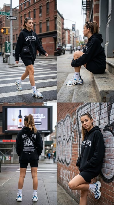 4-Panel Urban Streetwear Fashion Lifestyle Collage (Consistent Young Woman) thumbnail