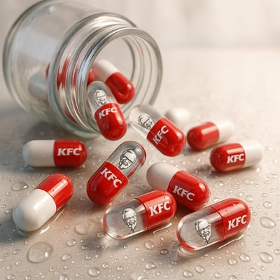 Hyper-Realistic Capsules Spilling from a Transparent Medicine Bottle Poster thumbnail