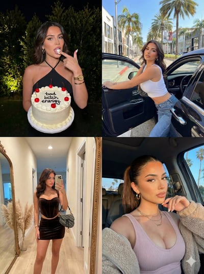 Glam Influencer 2x2 Photo Grid Collage with Cake, Luxury Car, Mirror Selfie & Golden Hour thumbnail