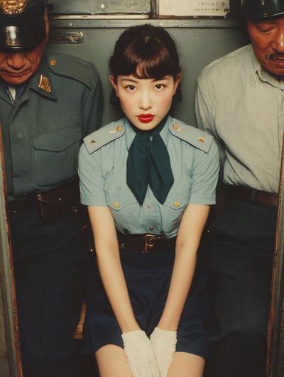 Retro 1980s 35mm Portrait of a Japanese Woman in Police Uniform in a Dim Bar thumbnail