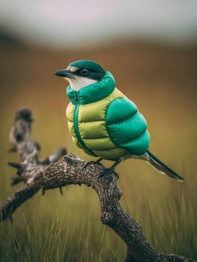 Bird Wearing an Inflatable {{COLOR}} Down Jacket on a Dry Branch (Realistic Nature Photo) thumbnail