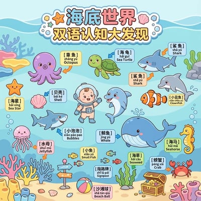Underwater World Bilingual Learning Poster (Flat Cute Cartoon, 8K Vertical A4) thumbnail