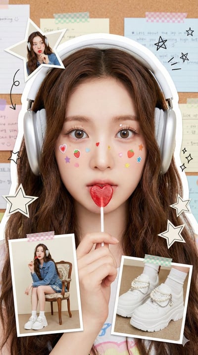 Playful Korean Fashion Portrait Collage with Scrapbook Corkboard Background thumbnail
