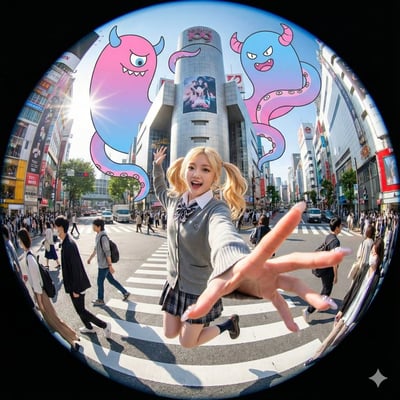 Fisheye Shibuya Crossing Reach-to-Camera Schoolgirl with Floating Cartoon Monster thumbnail