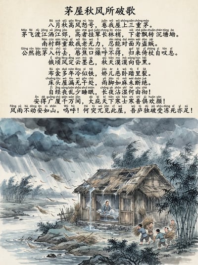 Ink Wash Calligraphy Poster: "Song of My Thatched Cottage Being Ruined by the Autumn Wind" with Pinyin (3:4) thumbnail