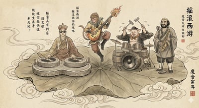 Journey to the West Rock Band Concert in Gongbi Ink Painting thumbnail