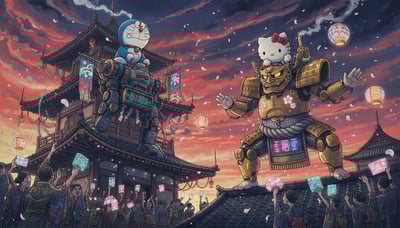 Surreal Japanese Sumi‑e Mecha Rooftop Showdown at Twilight thumbnail
